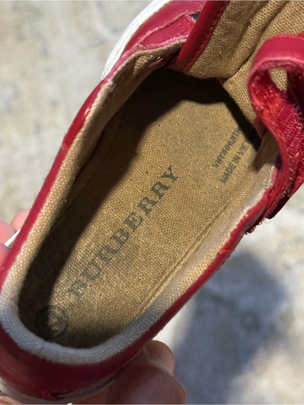 Burberry Red Leather & Tan Canvas Plaid Kids Sneaker with Velcro Straps